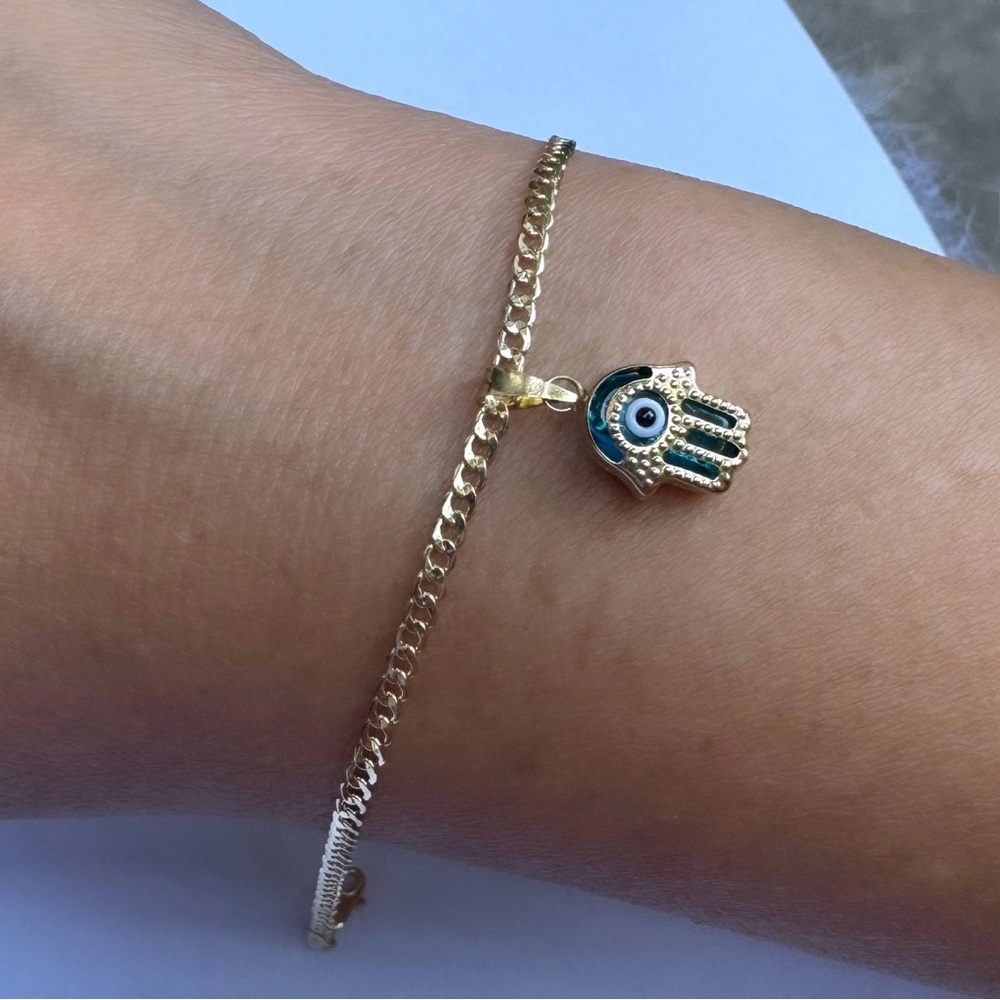 Gold Hamsa Bracelet with Blue Eye Charm